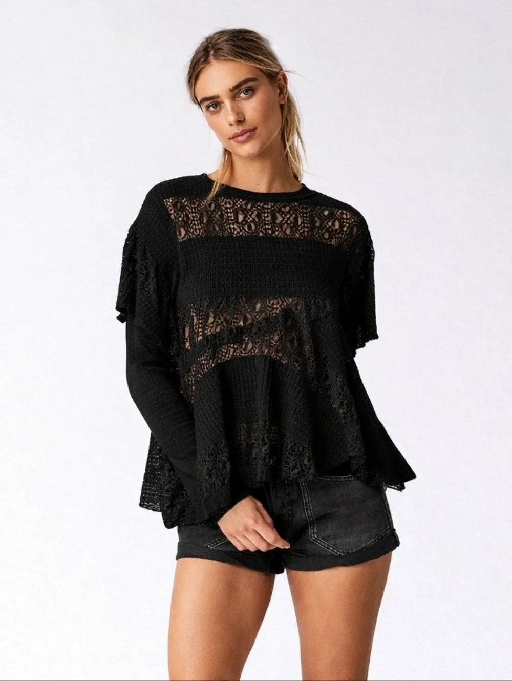 Free People Snowfall Lace Ruffle Tunic Top In Black New Size XS